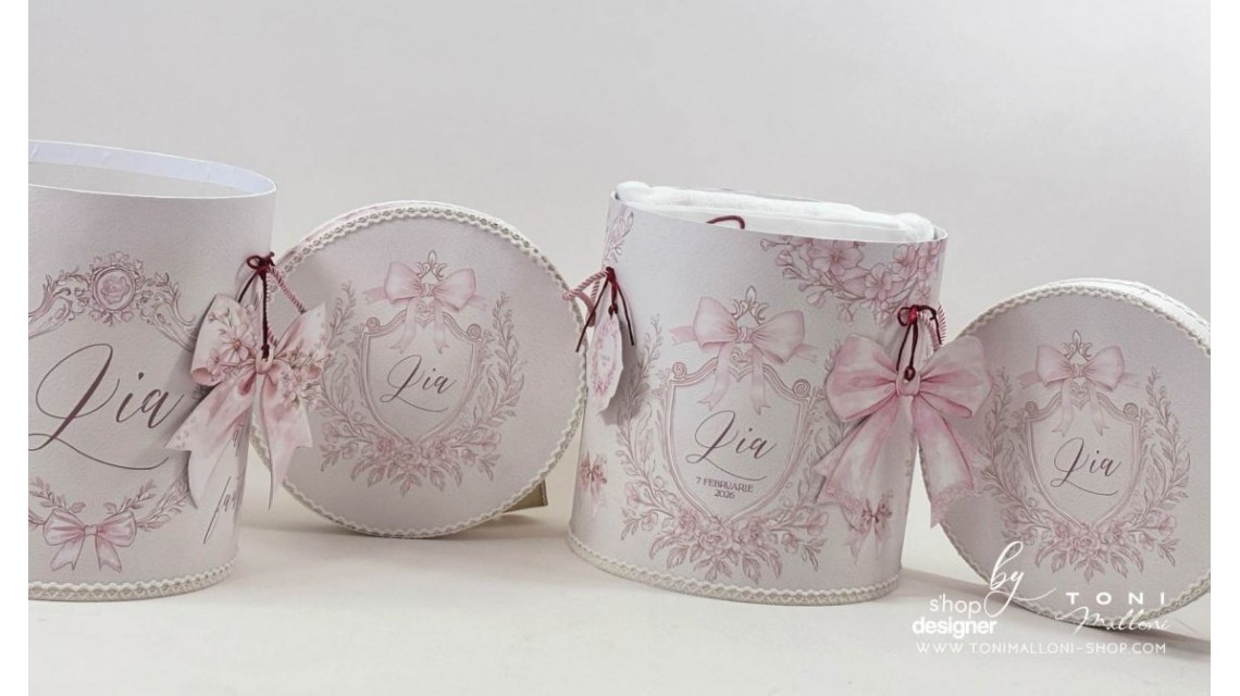 Trusou botez Pink Bows alb murdar, roz pudră și burgundy 27